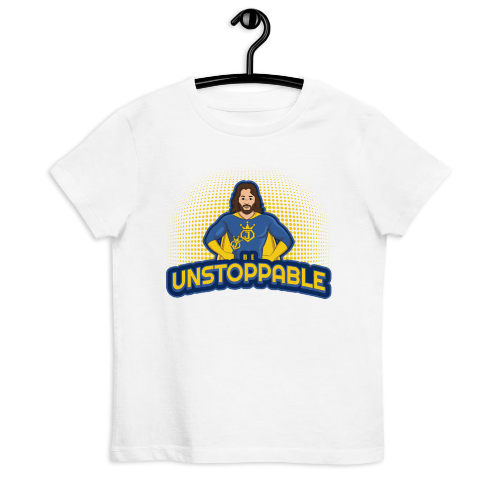 "Be Unstoppable" Jesus Action Superhero Organic Cotton Kid's T-shirt - White